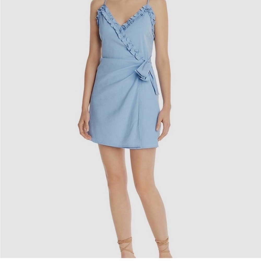 Sleeveless Light Blue Ruffle Wrap Mini Dress - Women